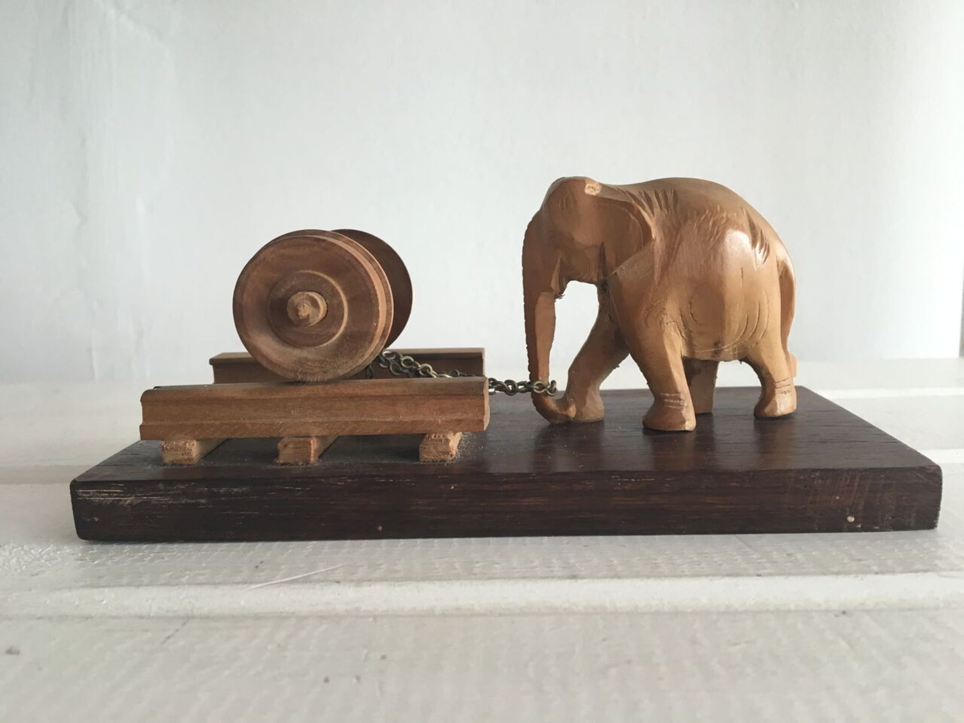 VINTAGE INDIAN TREEN CARVED WOOD ELEPHANT TROPHY - ADVERTISING - COMPLIMENTS FROM WHEEL AND AXLE - Image 2 of 3
