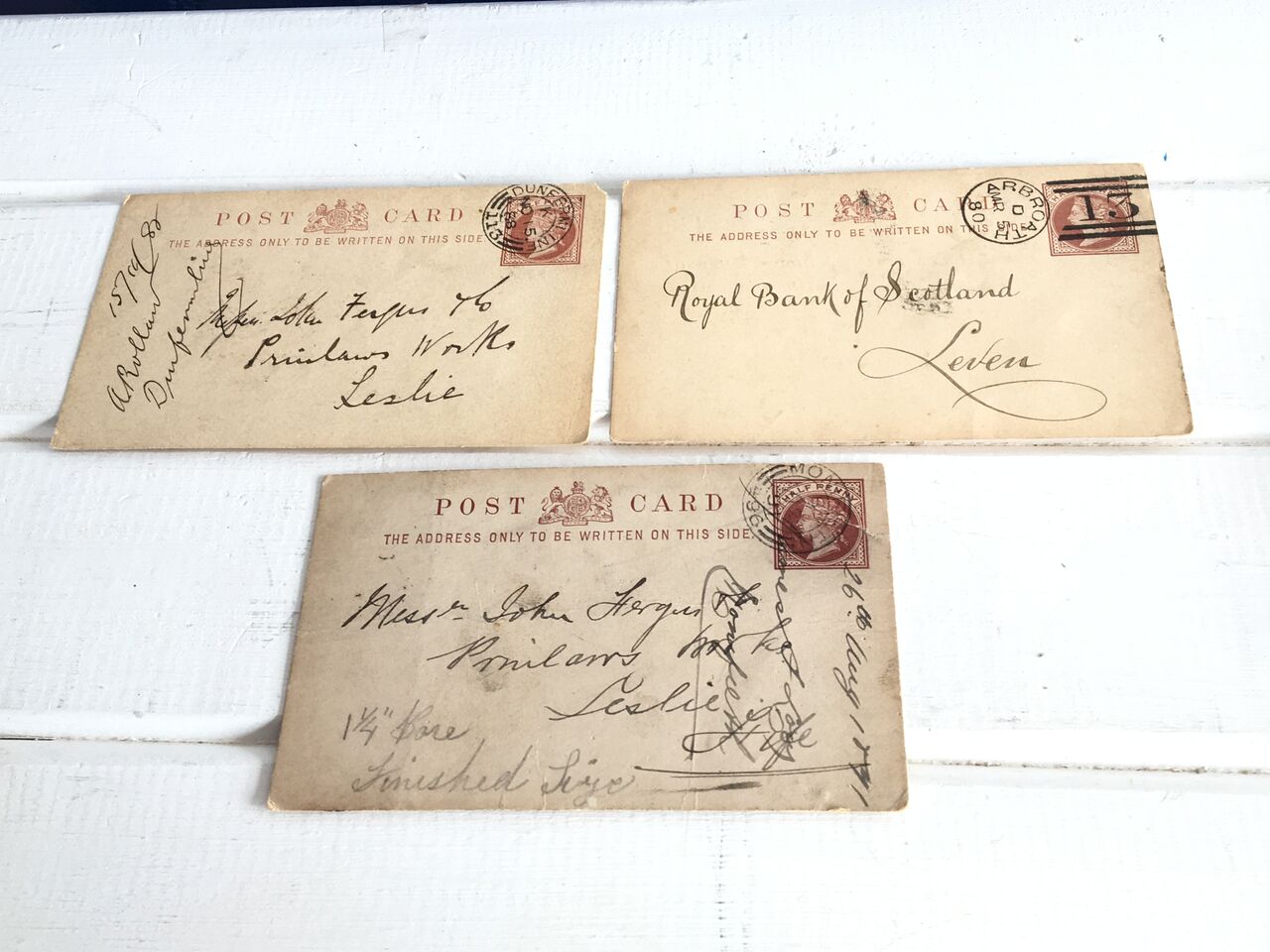 GROUP OF THREE EARLY POSTCARDS, BROWN, 1/2d, 1880, 1888 & 1891. FREE UK DELIVERY. NO VAT.