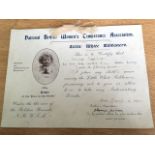 RARE ANTIQUE WOMEN'S TEMPERANCE ASSOCIATION "LITTLE WHITE RIBBONERS" CERTIFICATE. AWARDED TO THE