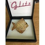 BOXED CRYSTAL SET FISH BROOCH. FREE UK DELIVERY. NO VAT.