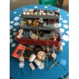 SEWING BOX WITH HUGE ASSORTMENT OF VINTAGE SEWING ACCESSORIES, IMPLEMENTS ETC. TOO MANY TO LIST.