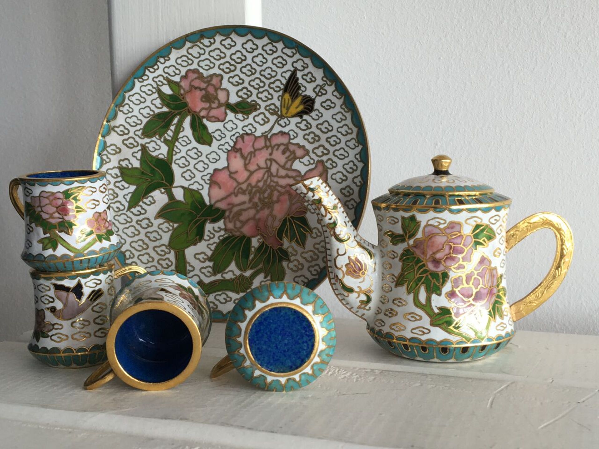 MINIATURE CLOISONNE TEA SET, ENAMEL BIRDS AND FLOWERS. All in good order. FREE UK DELIVERY. NO VAT