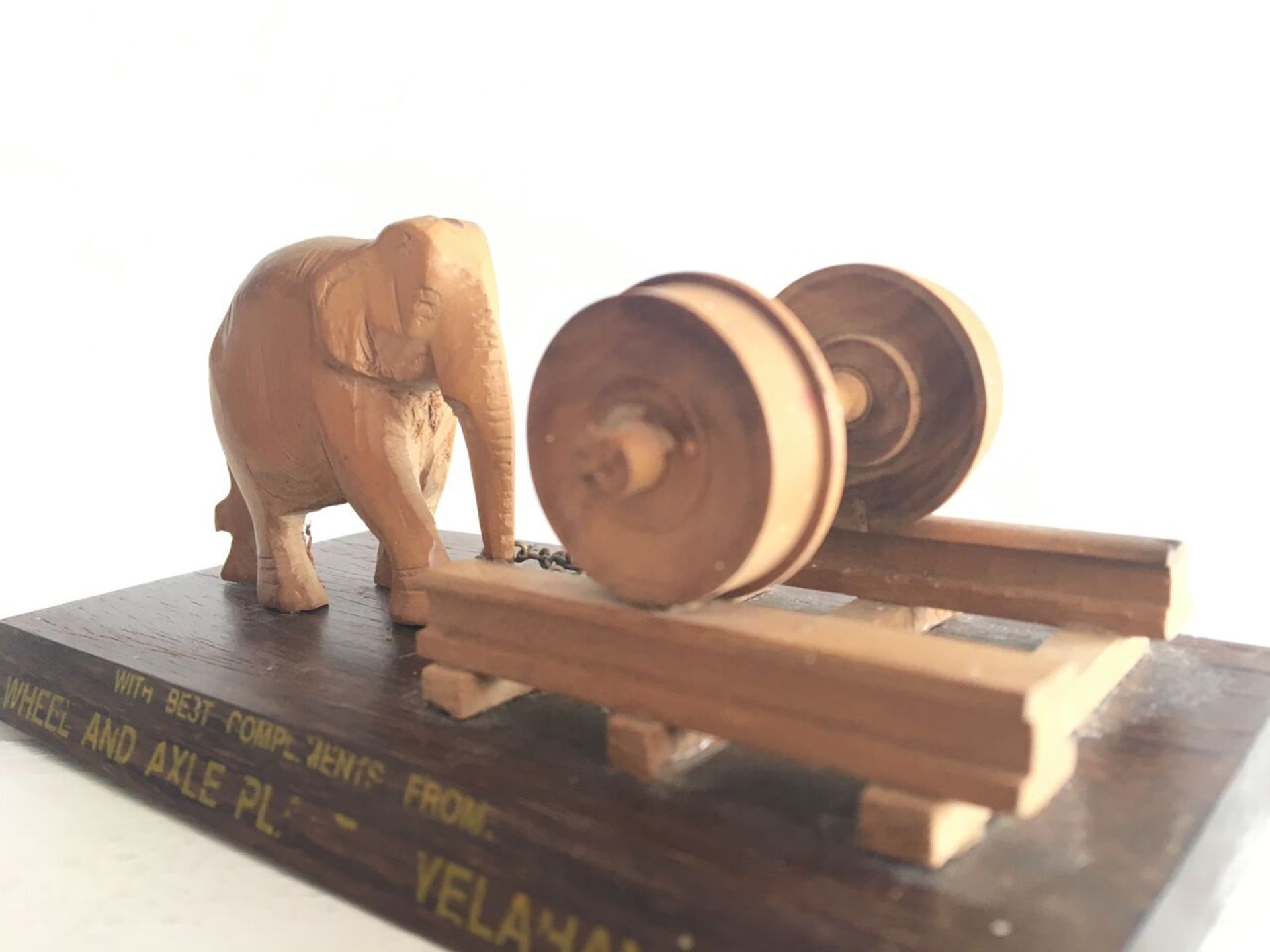 VINTAGE INDIAN TREEN CARVED WOOD ELEPHANT TROPHY - ADVERTISING - COMPLIMENTS FROM WHEEL AND AXLE