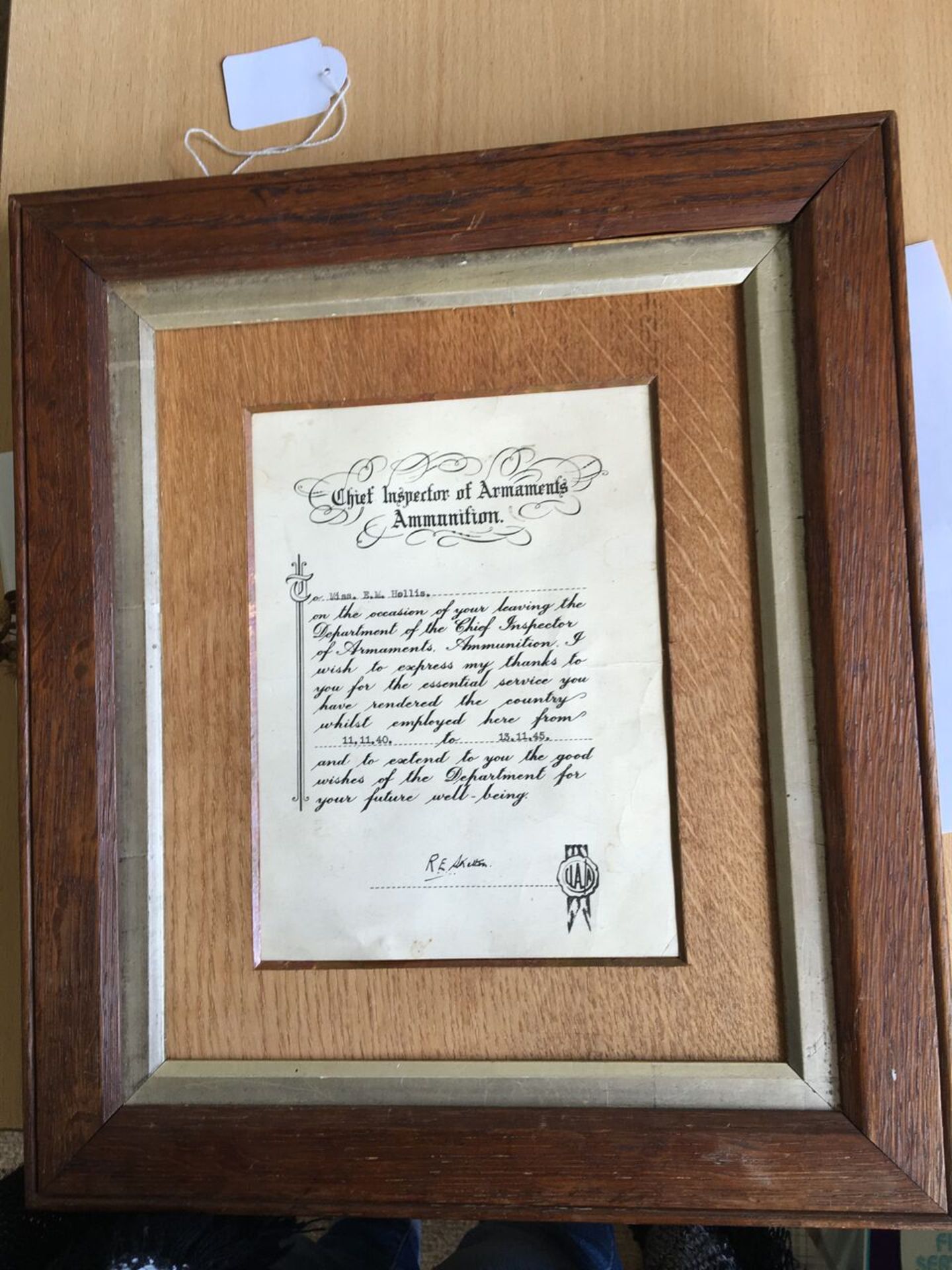 FRAMED WWII LETTER / CERTIFICATE FROM THE CHIEF INSPECTOR OF ARMAMENTS AMMUNITION. TO MISS E M