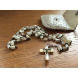 ANTIQUE FRENCH MOTHER OF PEARL TRADITIONAL FIVE DECADE ROSARY BEADS WITH SMALL LEATHER POUCH. VERY