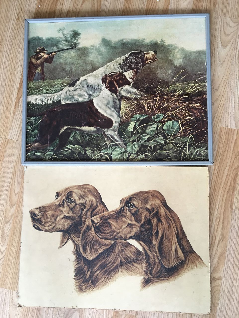 PAIR OF VINTAGE FURNISHING PRINTS DEPICTING GUN DOGS / POINTERS / SETTERS. ONE FRAMED (NO GLASS) ONE