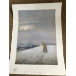 A LIMITED EDITION LIONEL EDWARDS PRINT DEPICTING A FOX IN A WINTERY SNOW LANDSCAPE. APPROX 66 X