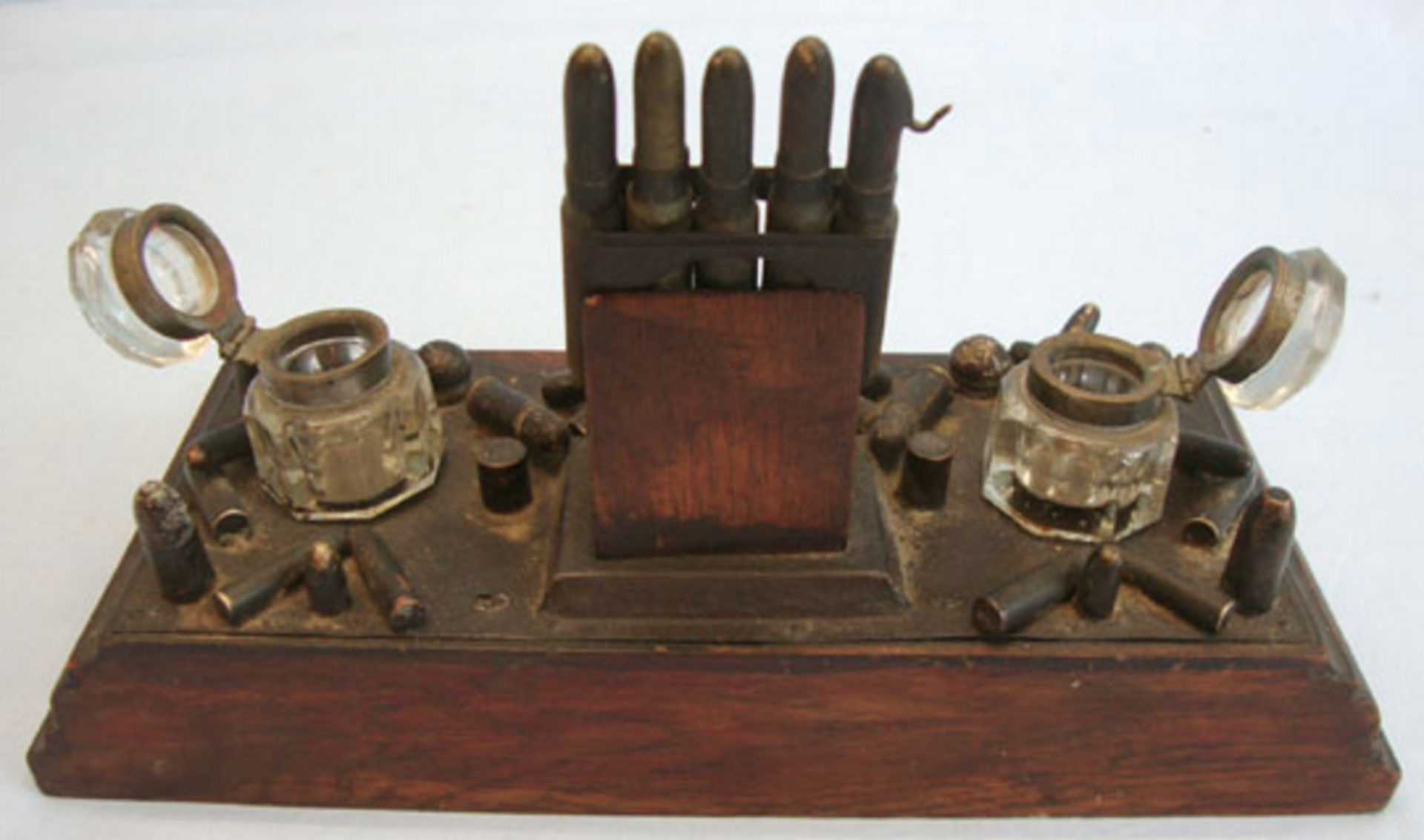 WW1 Period 'Trench Art' Desk Stand & Two Ink Wells, Decorated With Shells, Bombs and Bullets