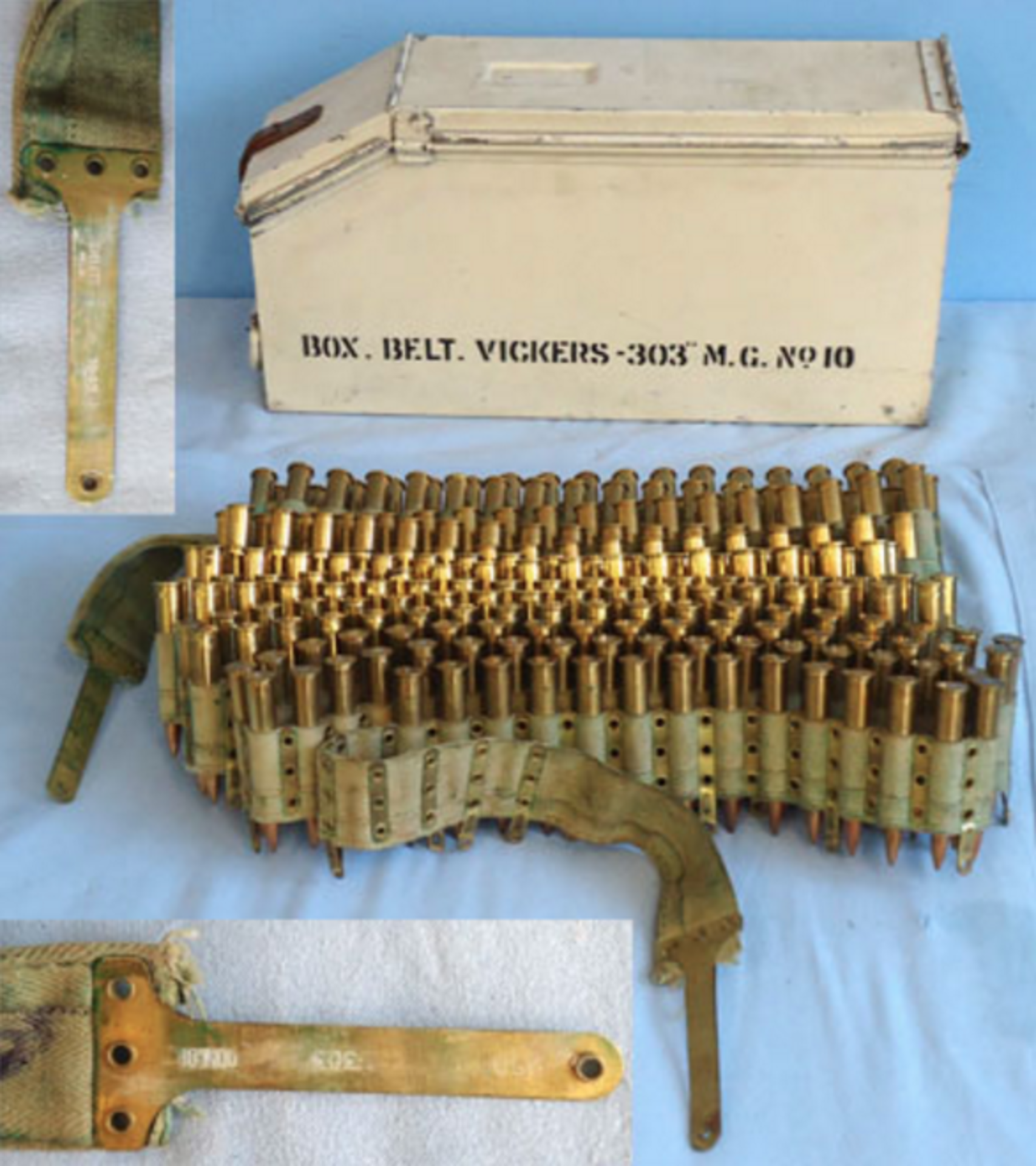 WW2 1942 dated 303 Vickers Machine Gun Ammunition Box No10, A Vickers 250 Round Machine Gun Belt