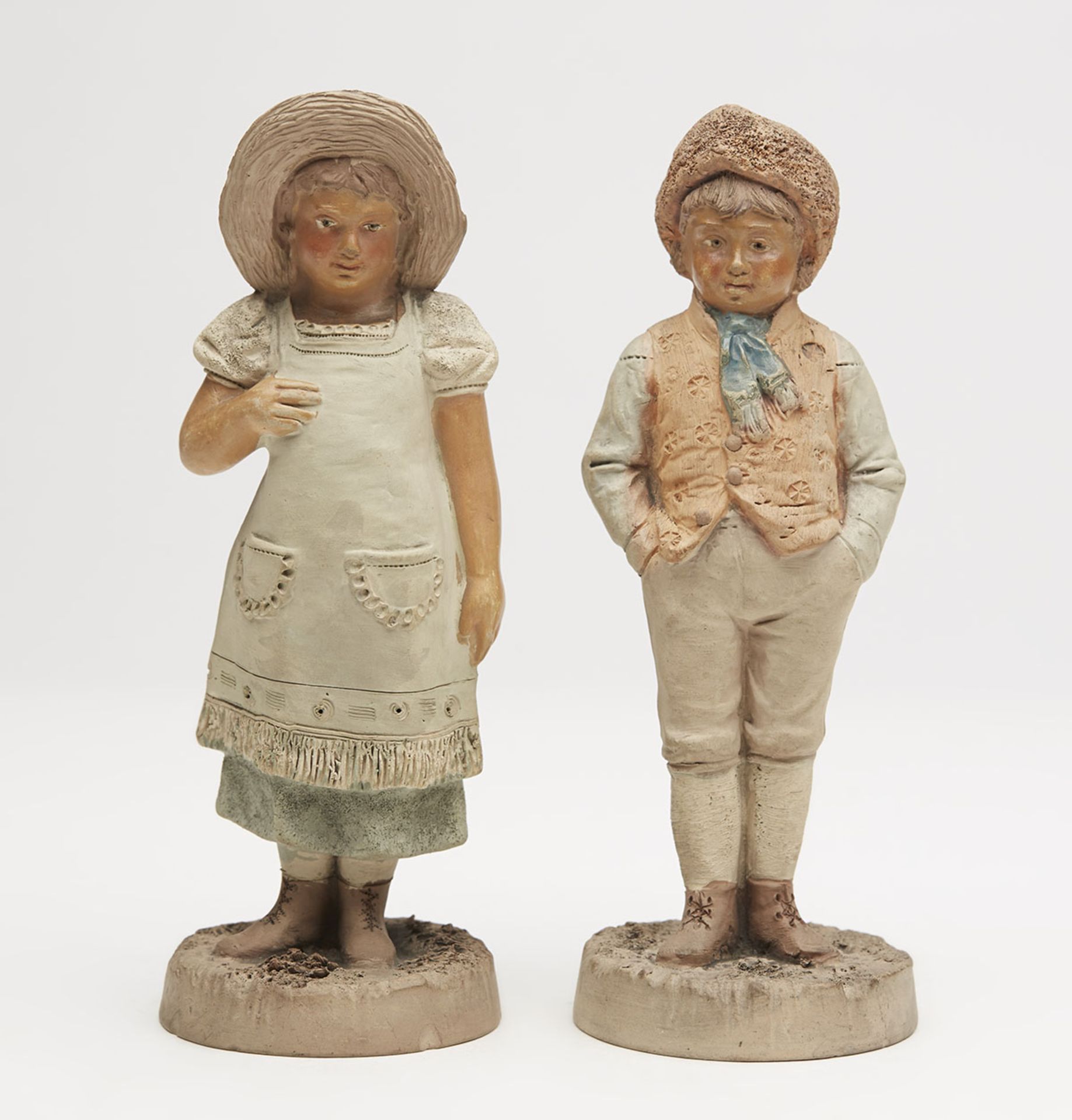 PAIR ANTIQUE AUSTRIAN PAINTED TERRACOTTA FIGURES 19TH C.