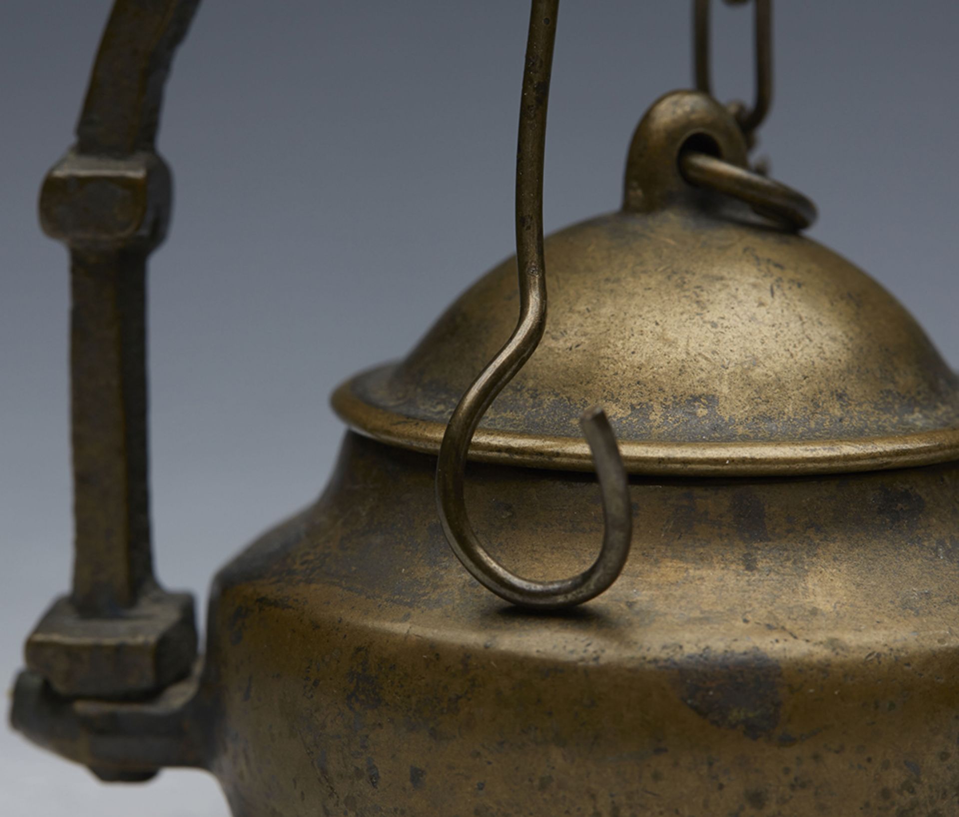 ANTIQUE EASTERN HANGING BRONZE LIDDED OIL LAMP 18/19TH C. - Image 7 of 9