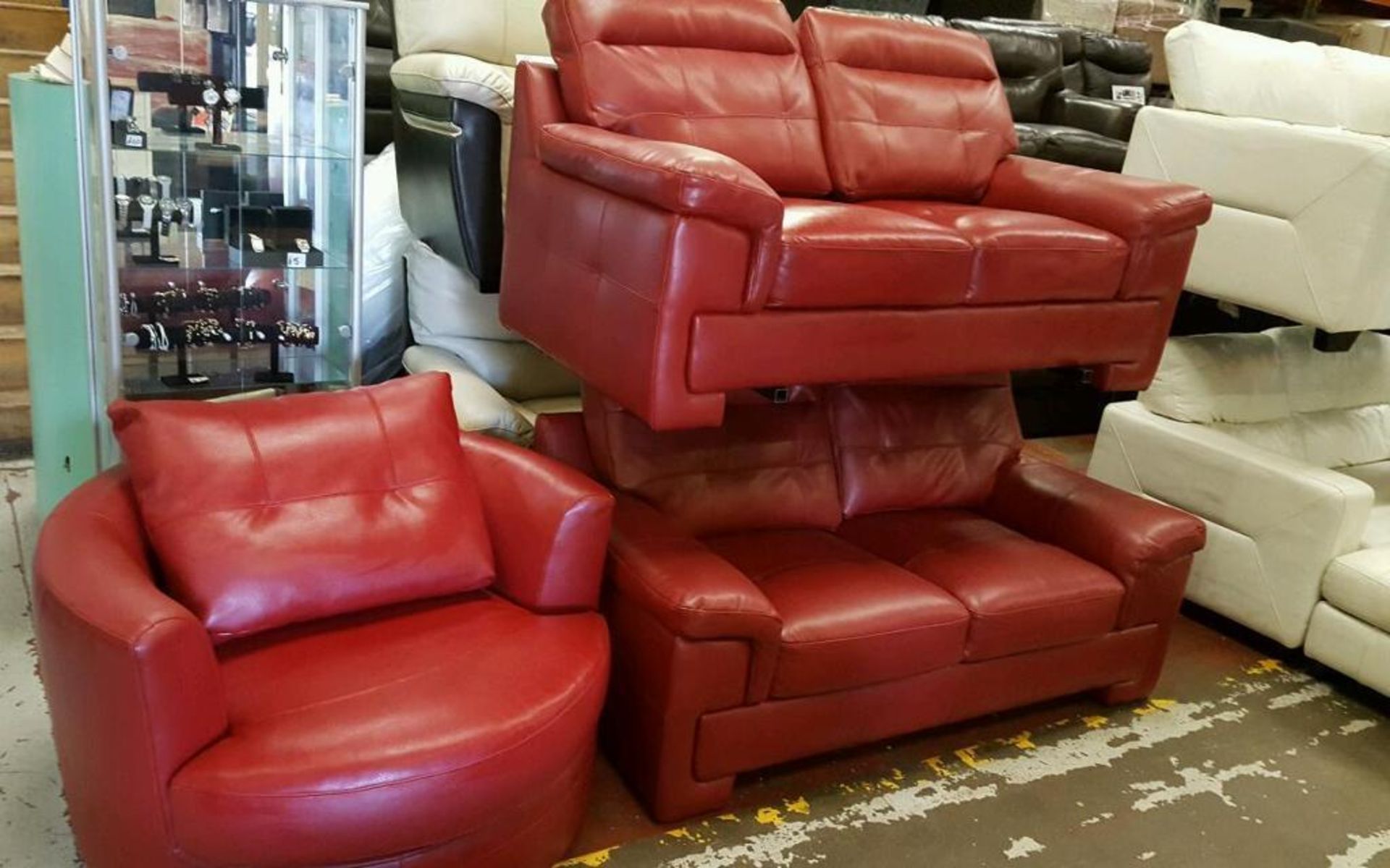 2 Two Seater Red Sofa's with Tub Chair