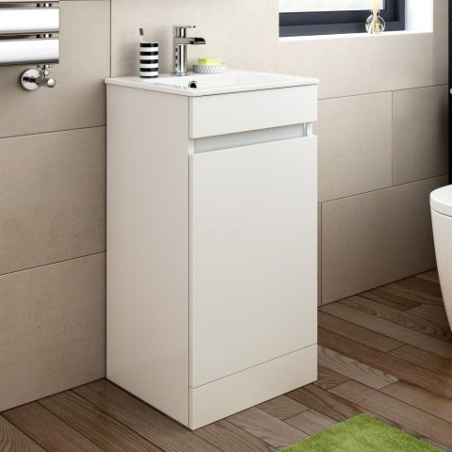 (REF34) 400mm Trent High Gloss White Basin Cabinet - Floor Standing. RRP £234.99. WITH BASIN This