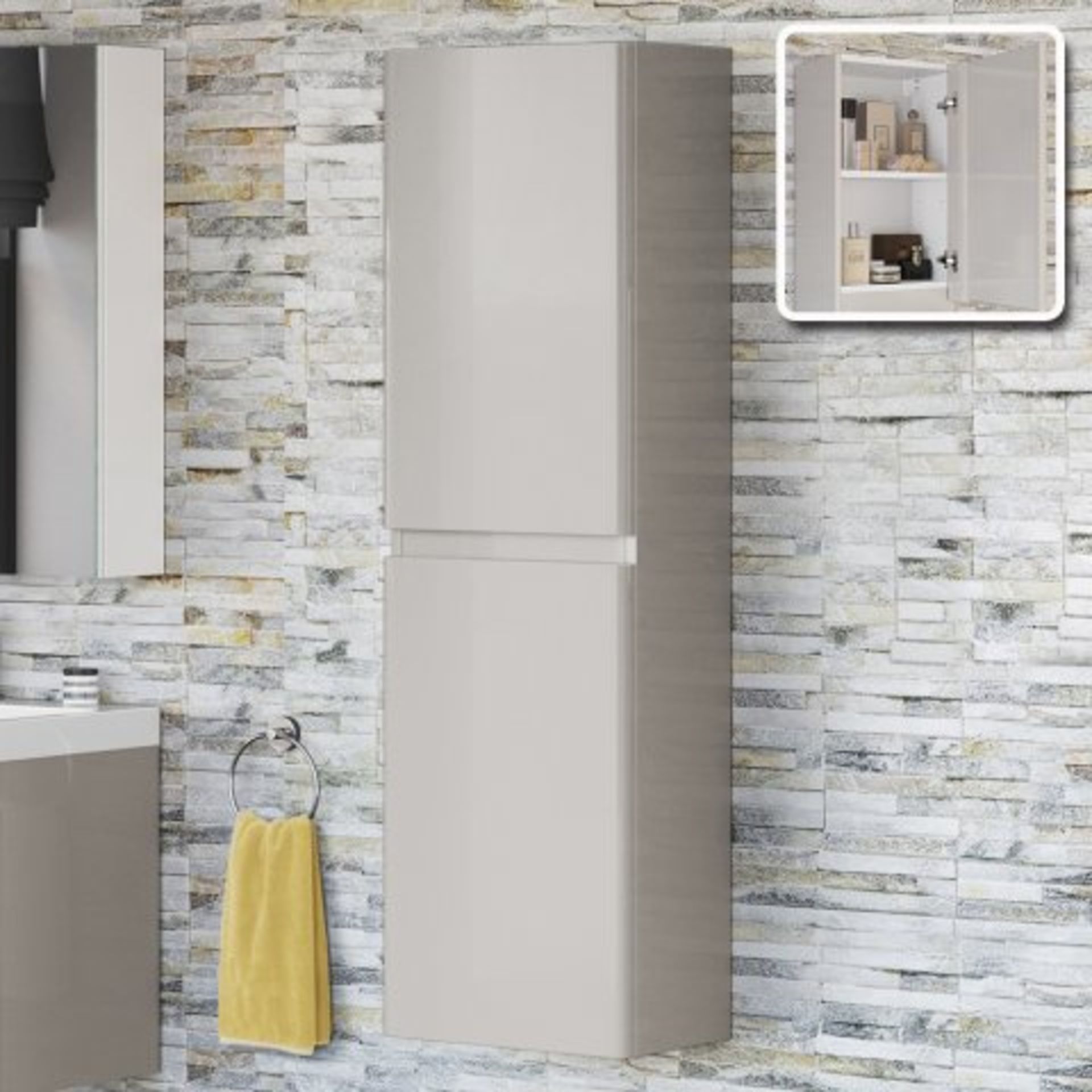 AA246- 1400mm Denver II Gloss Cashmere Tall Storage Cabinet - Wall Hung. RRP £299.99. With its