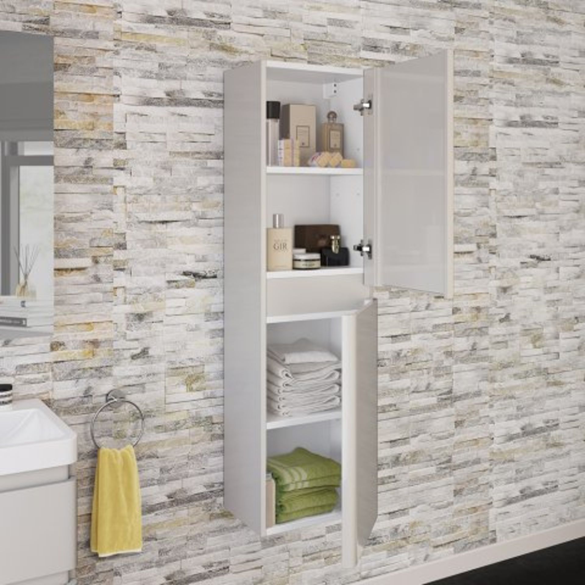 AA246- 1400mm Denver II Gloss Cashmere Tall Storage Cabinet - Wall Hung. RRP £299.99. With its - Image 2 of 3