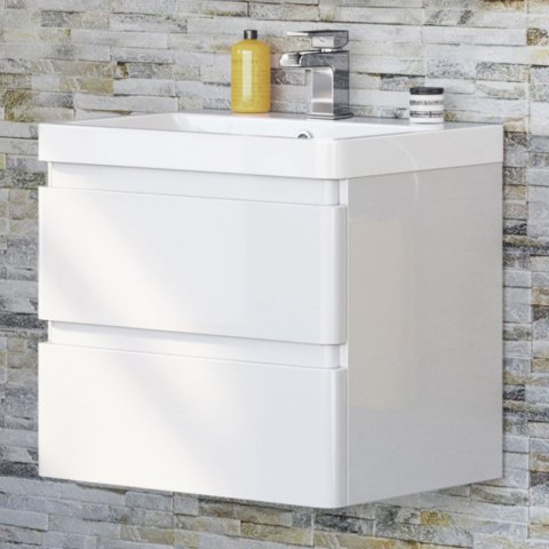 (REF49) 600mm Denver II Gloss White Built In Basin Drawer Unit - Wall Hung. RRP £499.99. WITH BASIN.