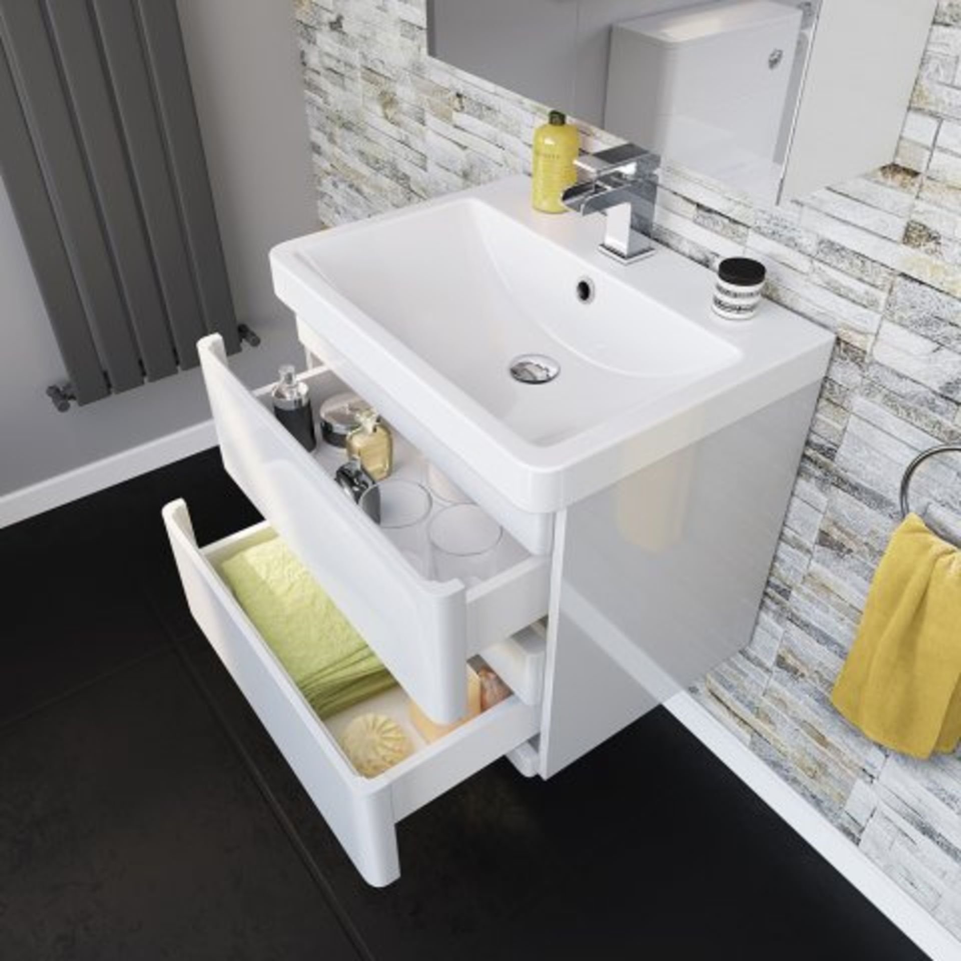 (REF49) 600mm Denver II Gloss White Built In Basin Drawer Unit - Wall Hung. RRP £499.99. WITH BASIN. - Image 2 of 3