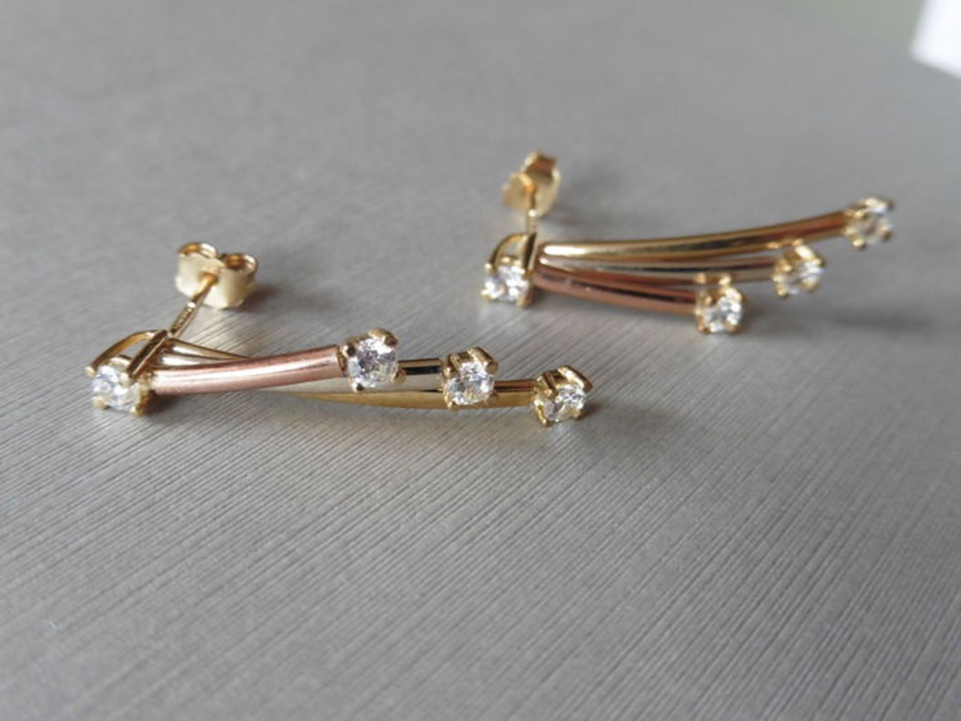 9ct gold diamond set drop style earrings. Set with white, rose and yellow gold bars with a small - Image 4 of 5