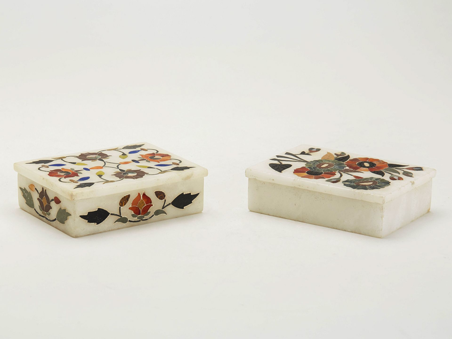 Pair Vintage Indian Pietra Dura Inlaid Alabaster Boxes 20 C