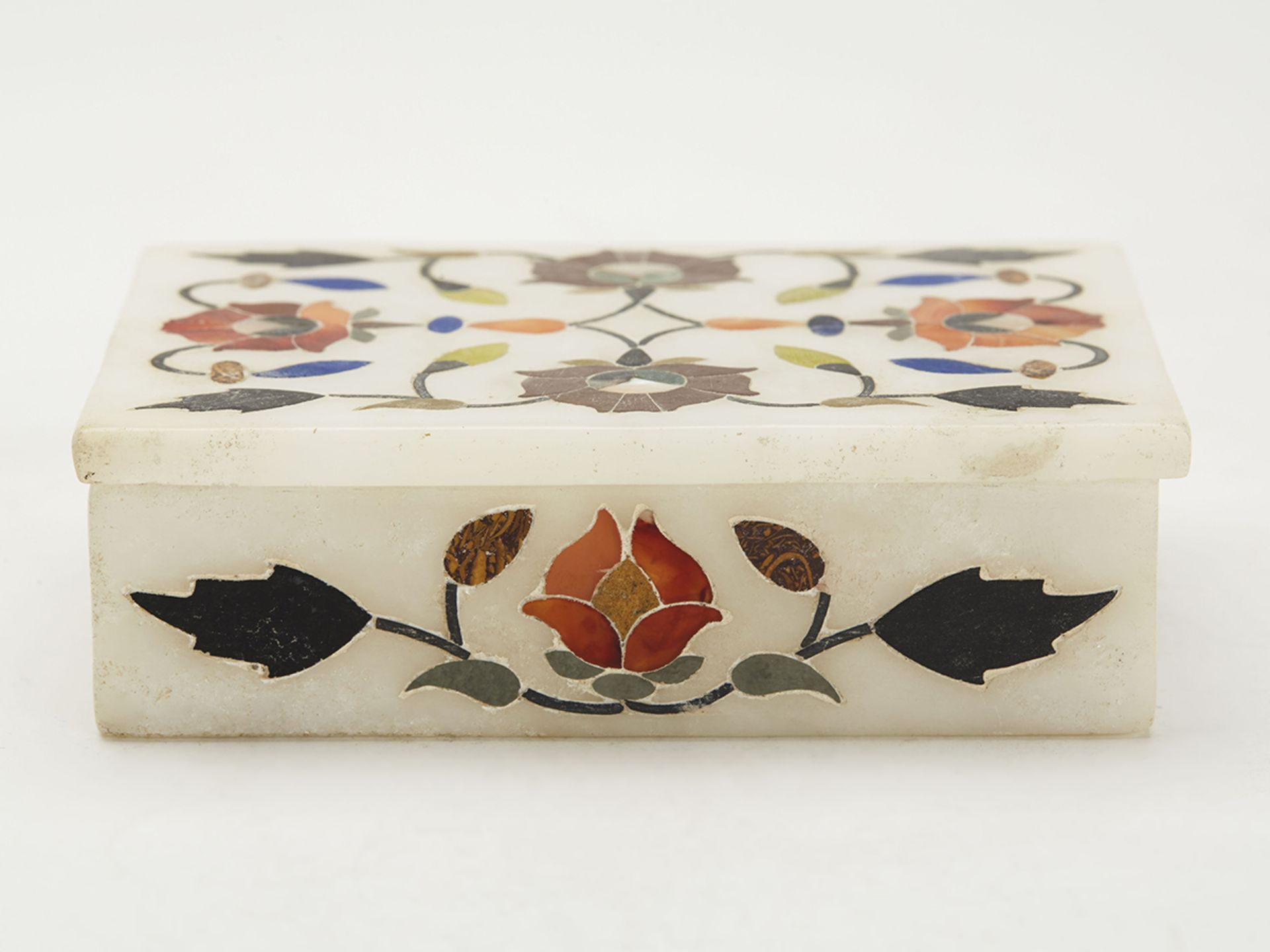 Pair Vintage Indian Pietra Dura Inlaid Alabaster Boxes 20 C - Image 2 of 12