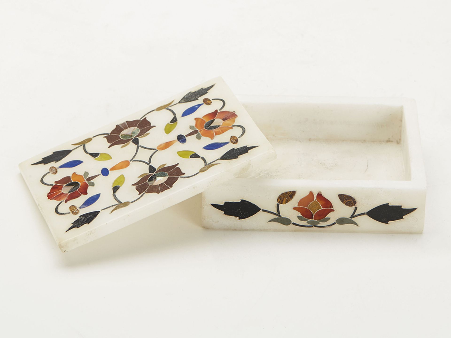 Pair Vintage Indian Pietra Dura Inlaid Alabaster Boxes 20 C - Image 5 of 12