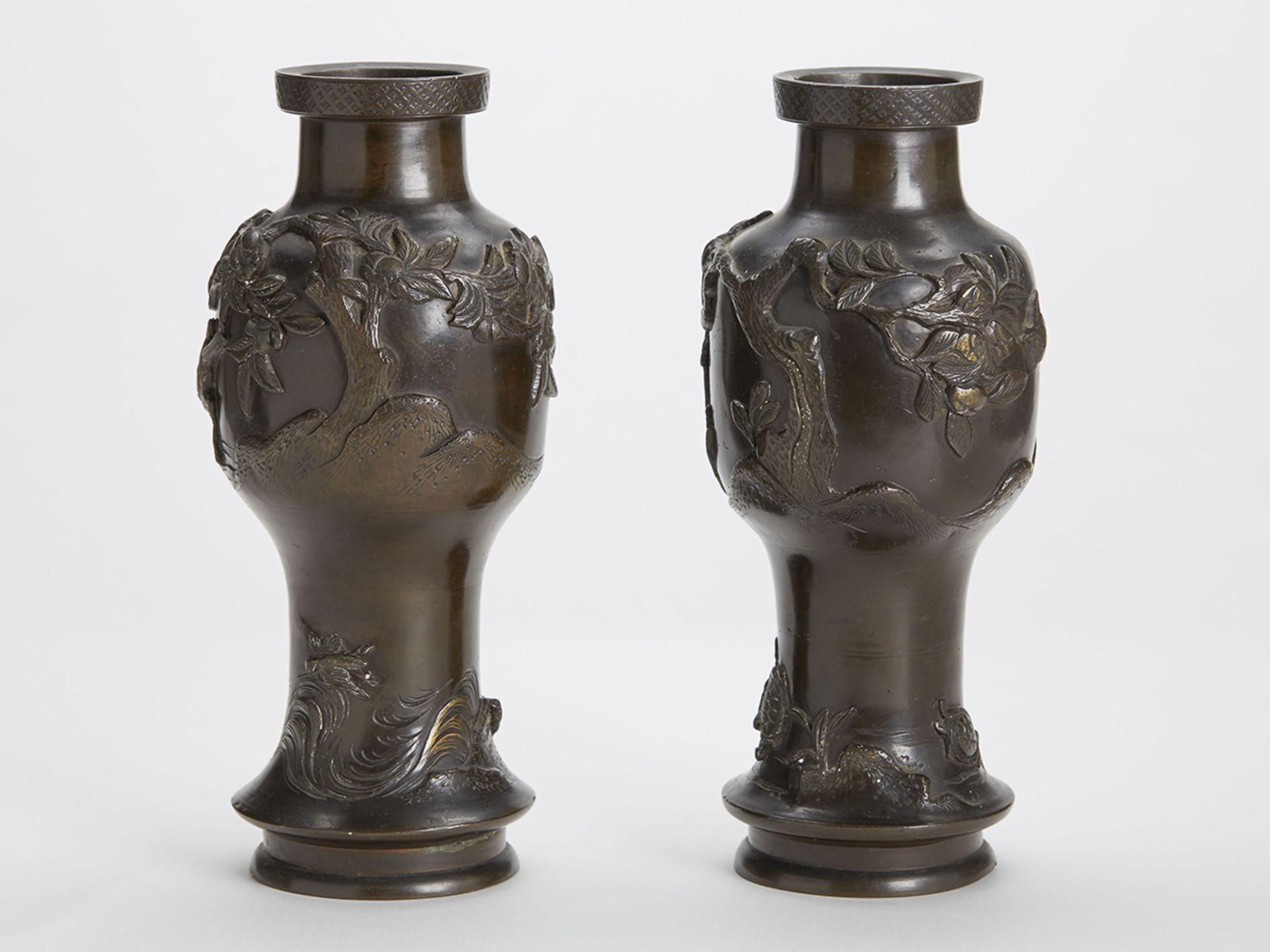 PAIR ANTIQUE JAPANESE BRONZE VASES WITH BIRDS 19/20TH C. - Image 4 of 10