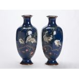 ANTIQUE PAIR JAPANESE EGRET SILVER CLOISONNE VASES c.1900