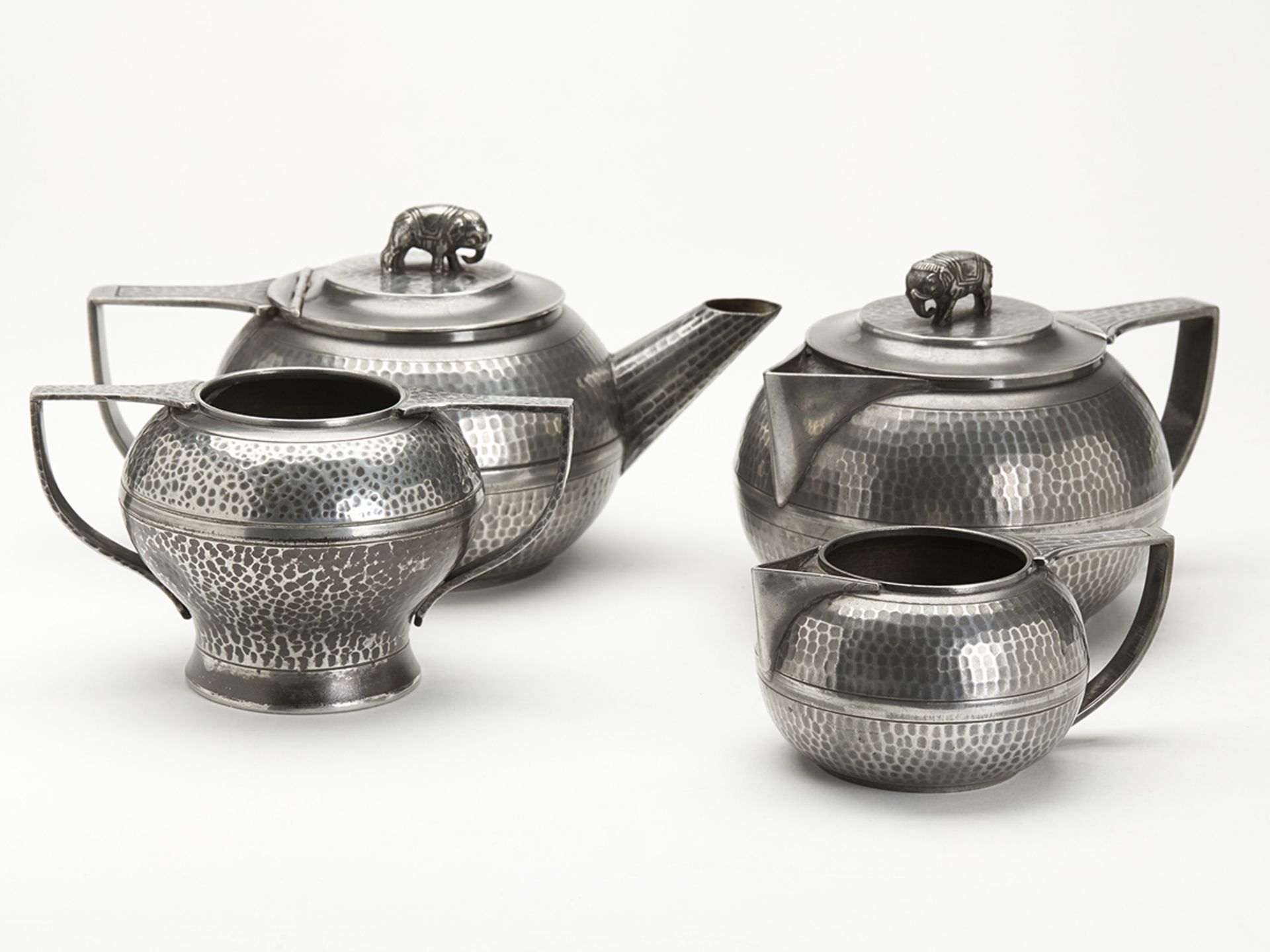 ARTS & CRAFTS ENGLISH PEWTER TEASET WITH ELEPHANTS c.1900