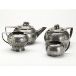 ARTS & CRAFTS ENGLISH PEWTER TEASET WITH ELEPHANTS c.1900