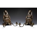 Pair Arts & Crafts Style Egyptian Revival Bronze Wall Sconces 19Th/20Th C.