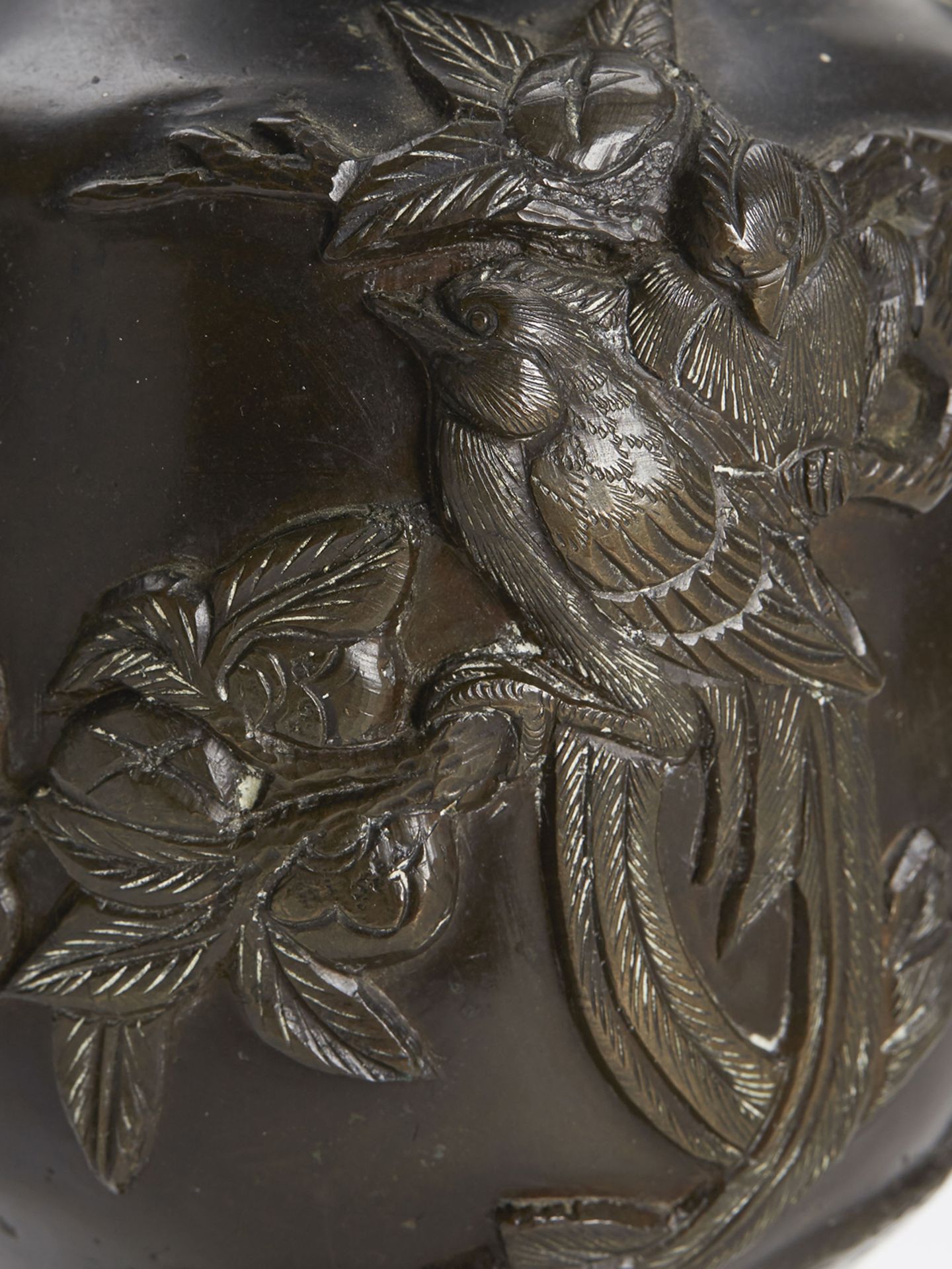 PAIR ANTIQUE JAPANESE BRONZE VASES WITH BIRDS 19/20TH C. - Image 3 of 10