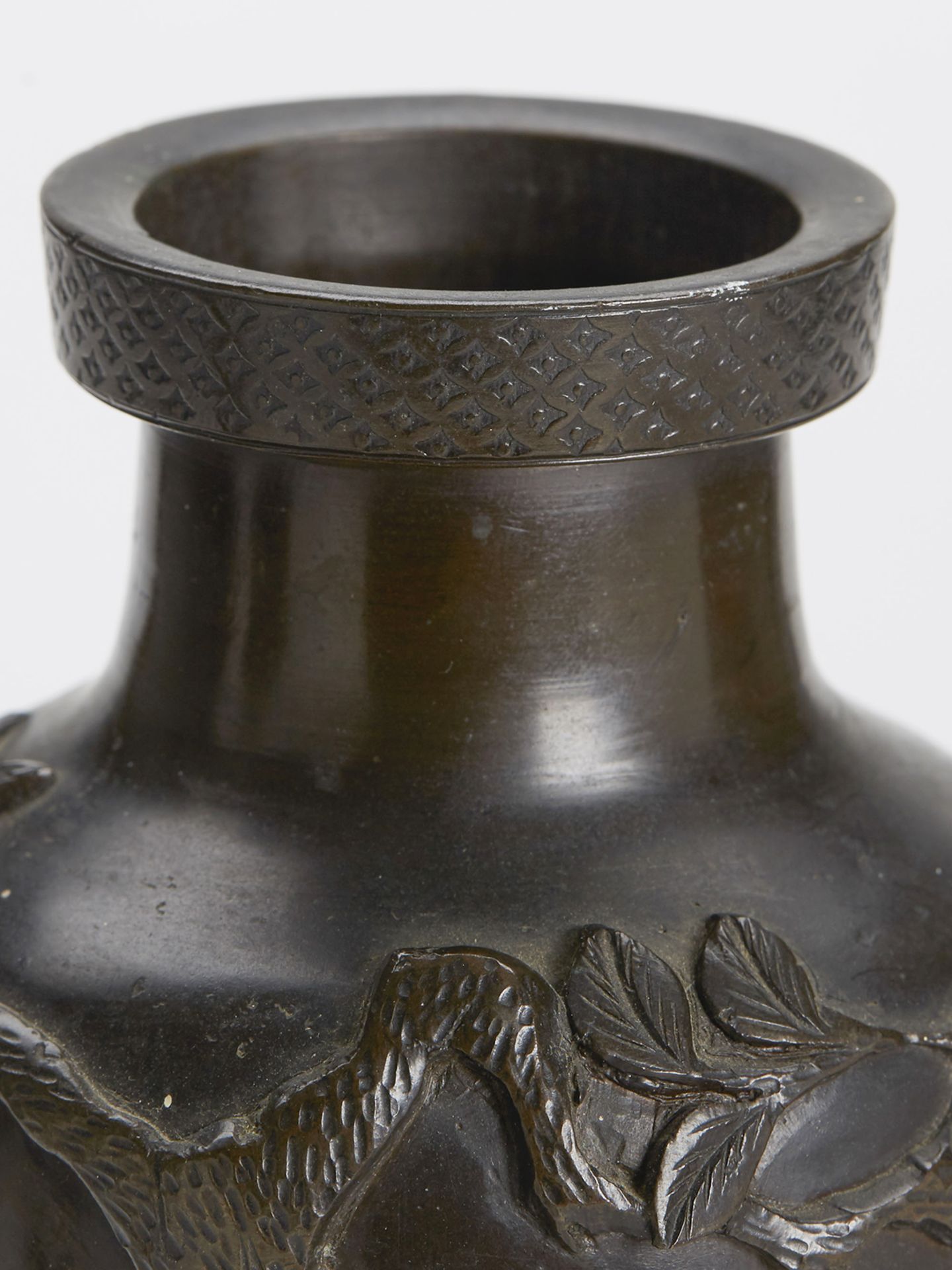 PAIR ANTIQUE JAPANESE BRONZE VASES WITH BIRDS 19/20TH C. - Image 9 of 10