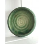 GRUEBY - AMERICAN ARTS AND CRAFTS SHALLOW GREEN GLAZED POTTERY DISH. HIGH GLAZE SWIRLED INTERIOR,