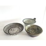 GROUP OF THREE UNSIGNED STUDIO ART POTTERY BOWLS. ALL WITH NO OBVIOUS DAMAGE. FREE UK DELIVERY. NO