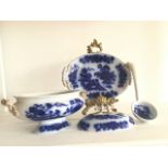 RARE ANTIQUE ASHWORTH FLOW BLUE TUREEN c1870. COMPLETE WITH LID, LADLE & UNDERPLATE. CONDITION -