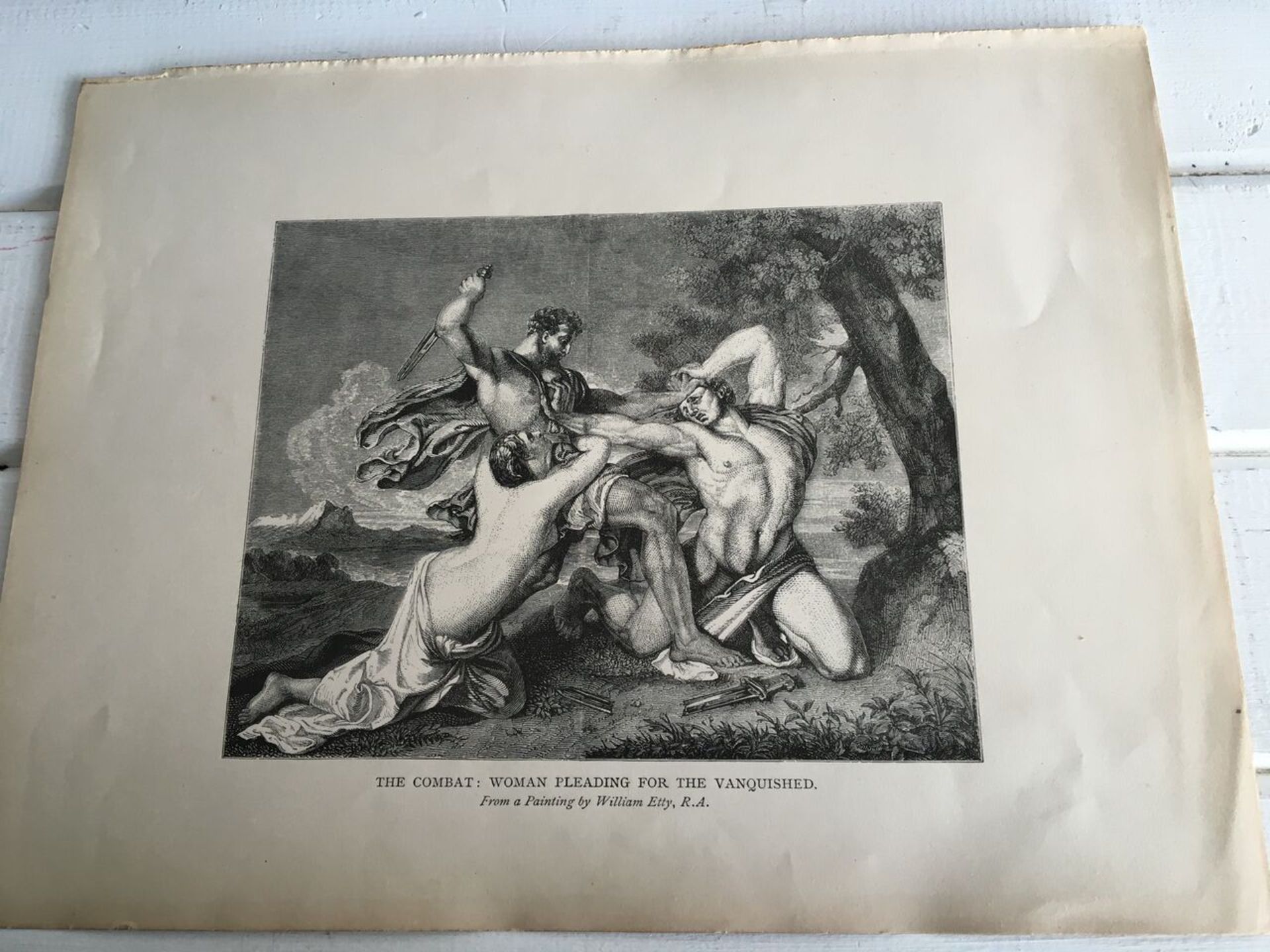 AN ENGRAVING c1900 OF A PAINTING BY WILLIAM ETTY (1787 - 1849 ). "THE COMBAT: WOMAN PLEADING FOR THE
