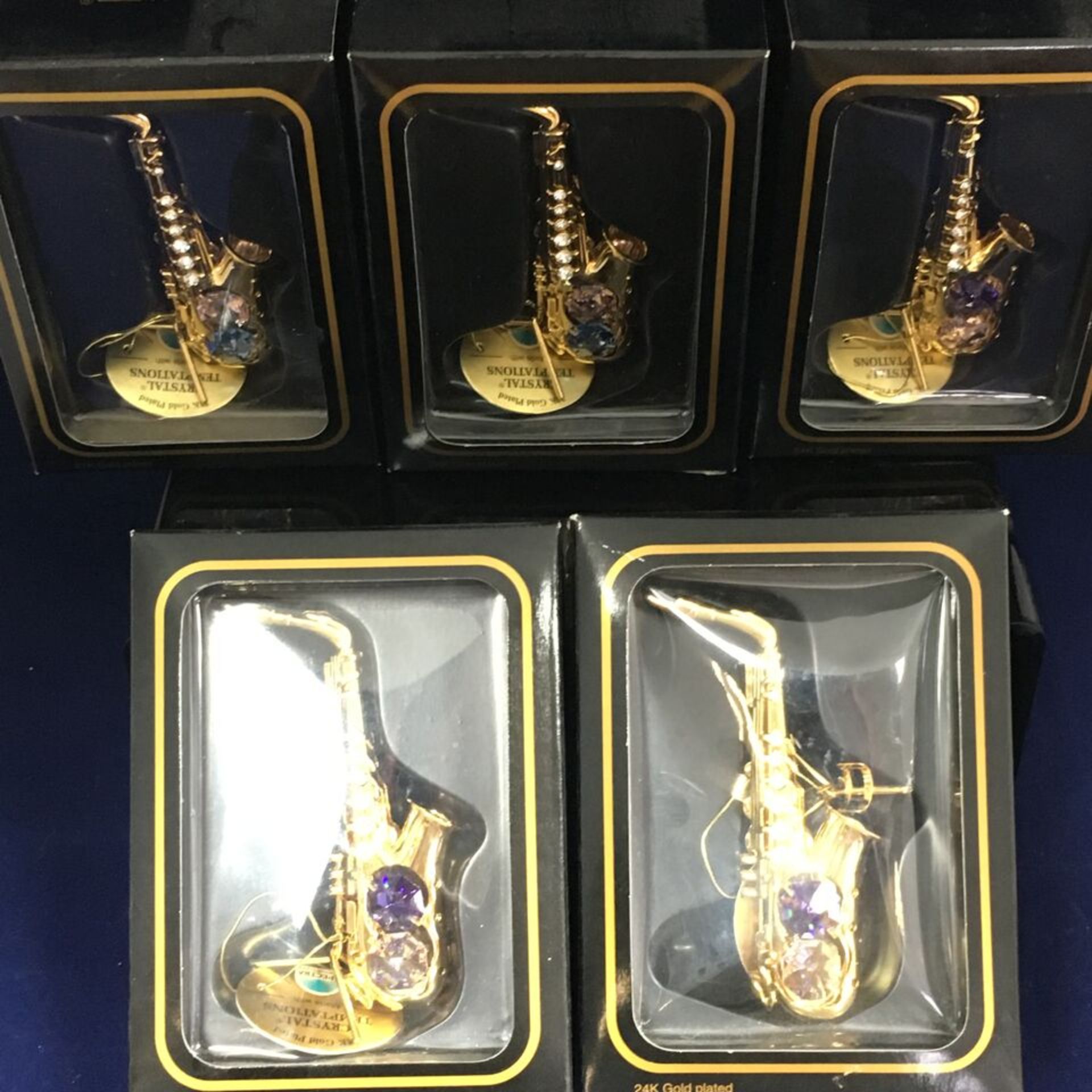 BRAND NEW (WHOLESALE CLEARANCE) 5 BOXED 24K GOLD PLATED WITH SWAROVSKI CRYSTAL SAXAPHONE. FREE UK