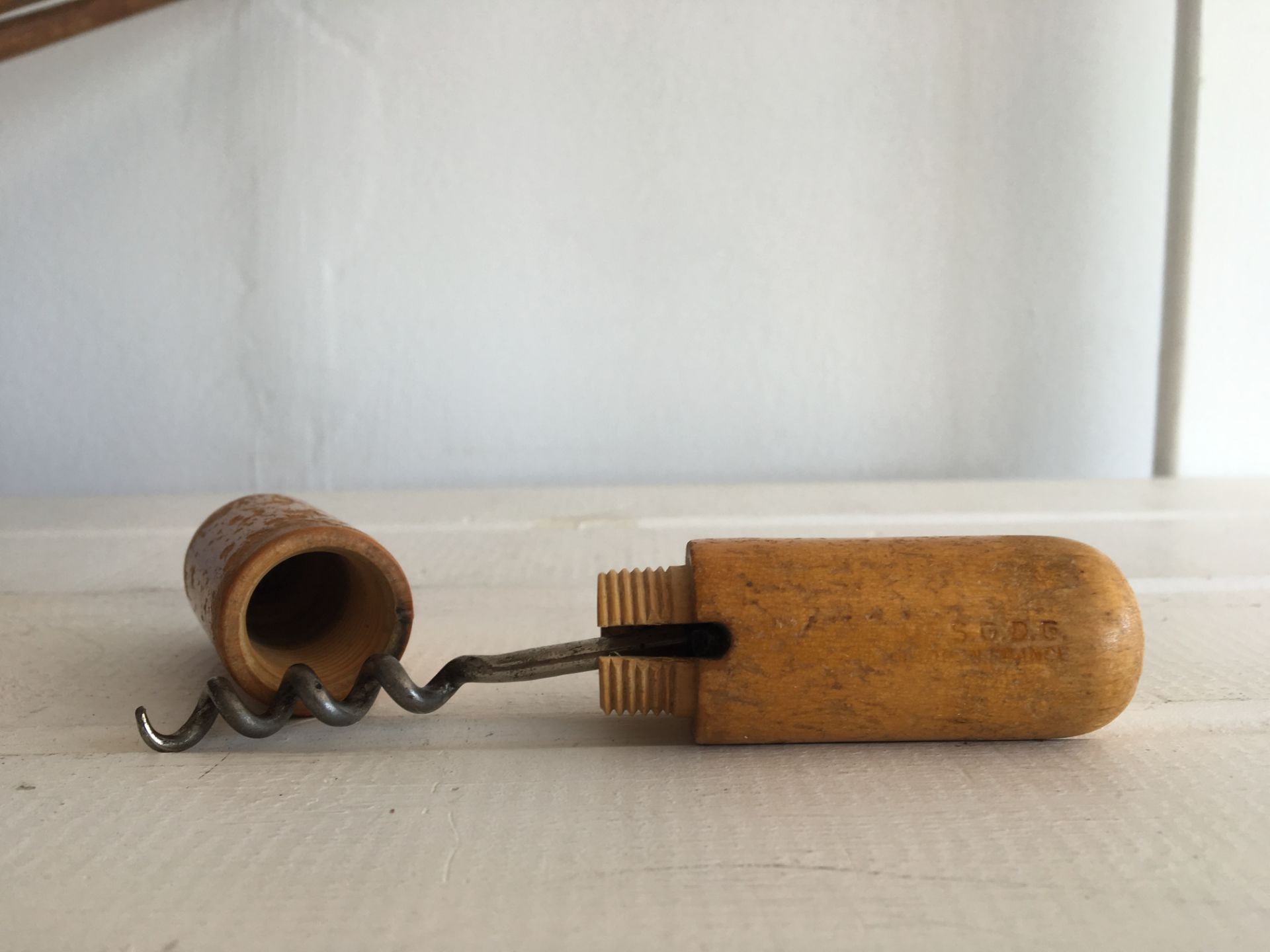 VINTAGE TREEN CORKSCREW MARKED SGDG FRANCE. FREE UK DELIVERY. NO VAT.