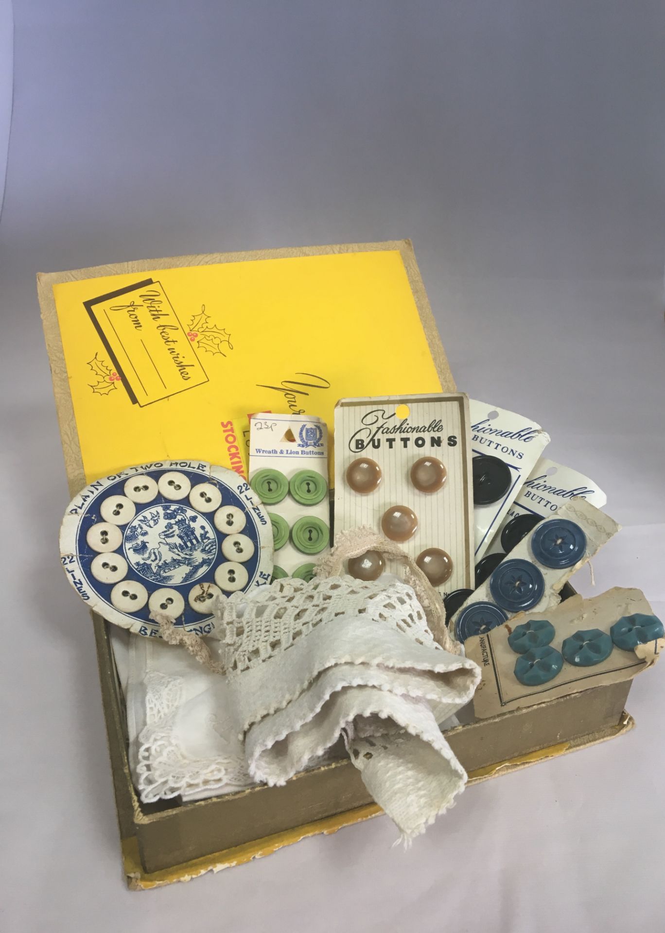 VINTAGE BOX AS SHOWN WITH CONTENTS TO INCLUDE LACE, EMBROIDERED HANDKERCHIEFS, VINTAGE BUTTONS ON