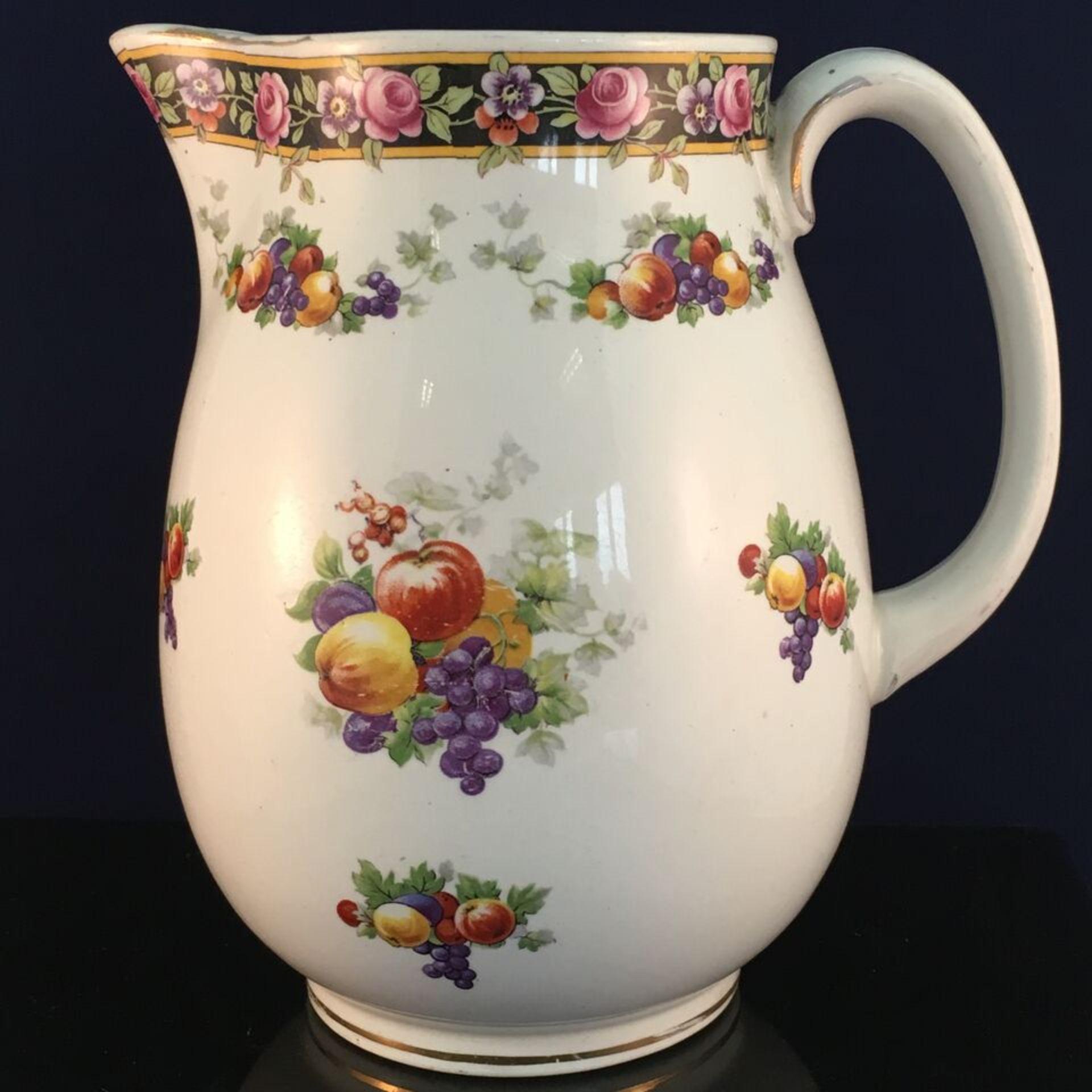ANTIQUE LARGE WATER JUG WITH FRUIT AND FLORAL DECORATION. MEASURES 17CM HIGH. FREE UK DELIVERY. NO