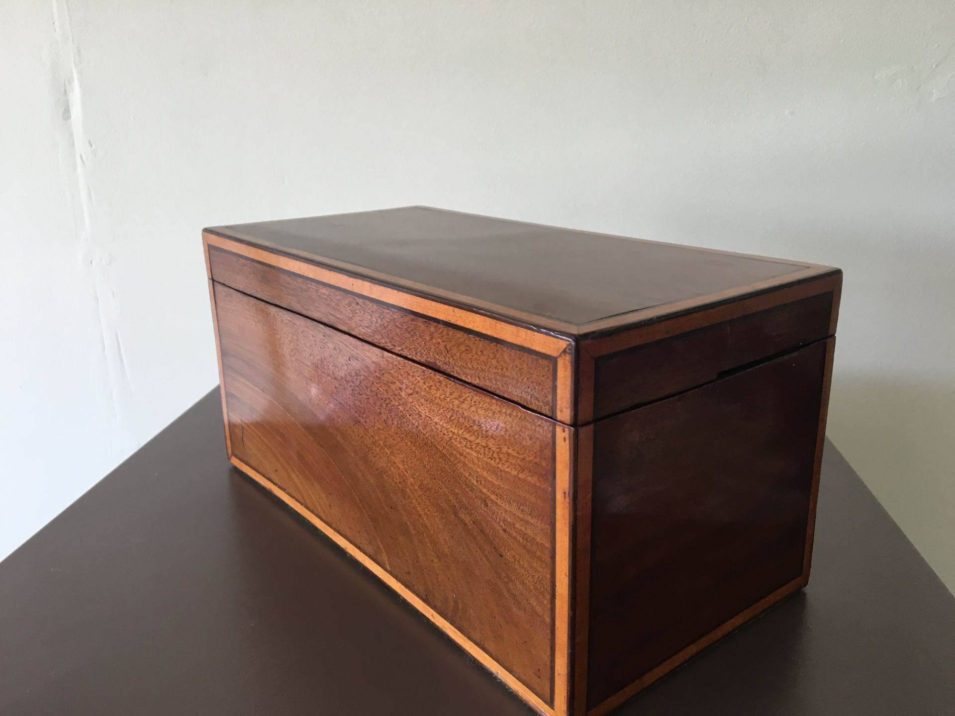 LARGE ANTIQUE WOODEN BOX WITH HINGED LID AND GREEN CLOTH LINING. MEASURES APPROX 12 X 6 X 6". FREE