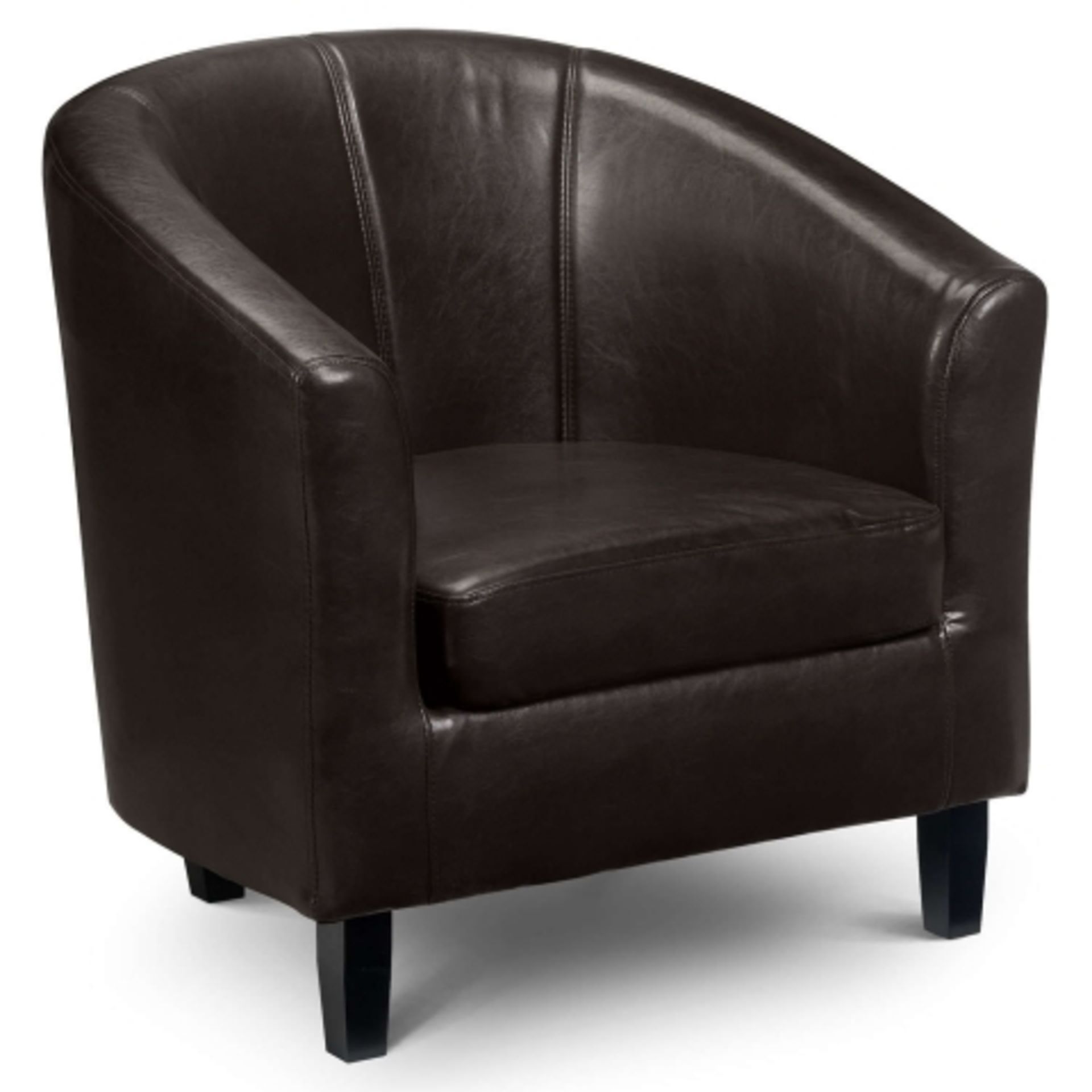 Dark brown faux leather tub chair with dark brown wooden legs