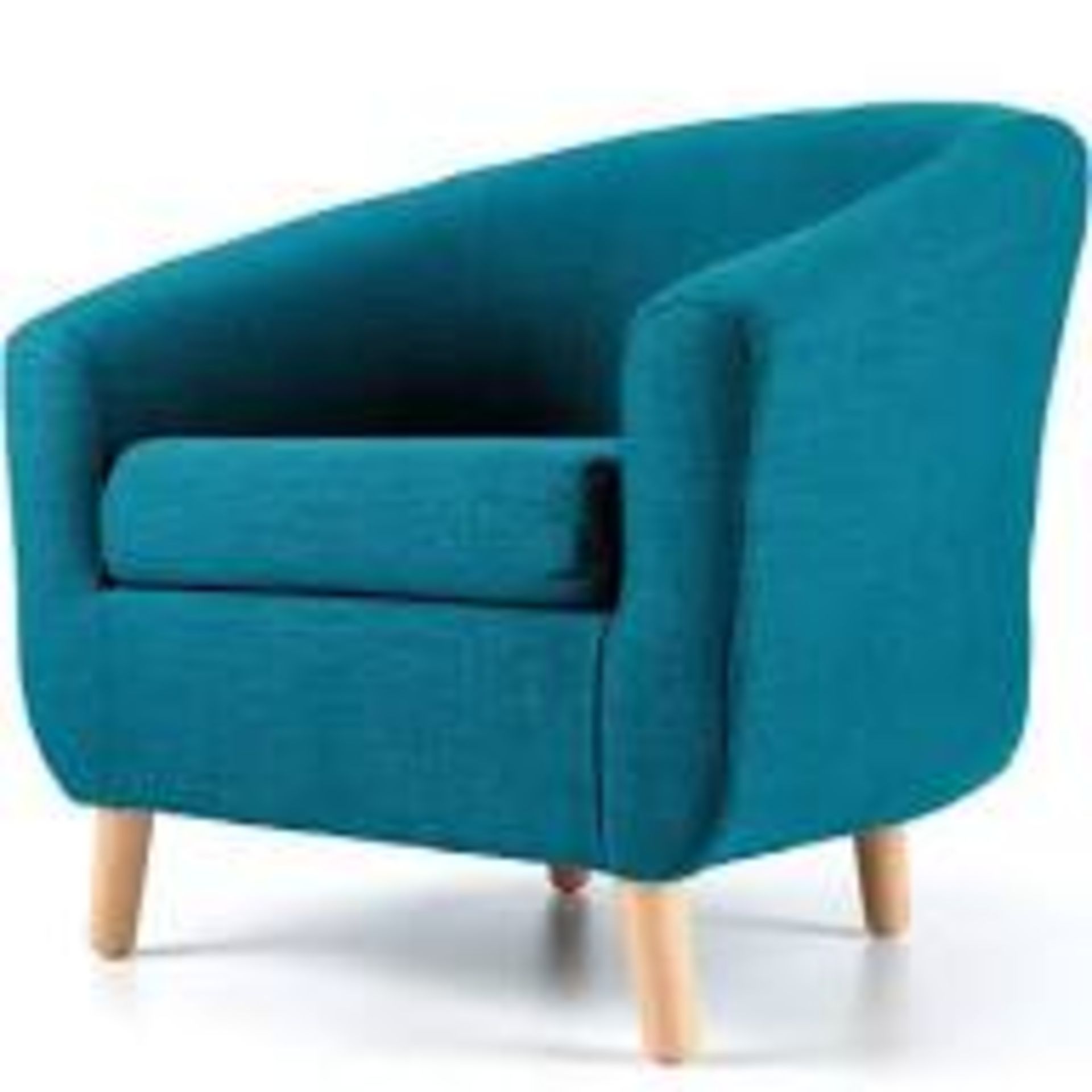 Blue fabric tub chair with dark brown wooden legs