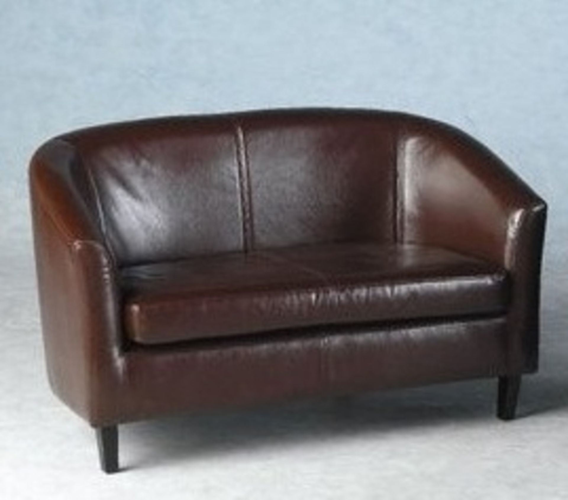 Brown faux leather 2 seater tub sofa with dark brown wooden legs