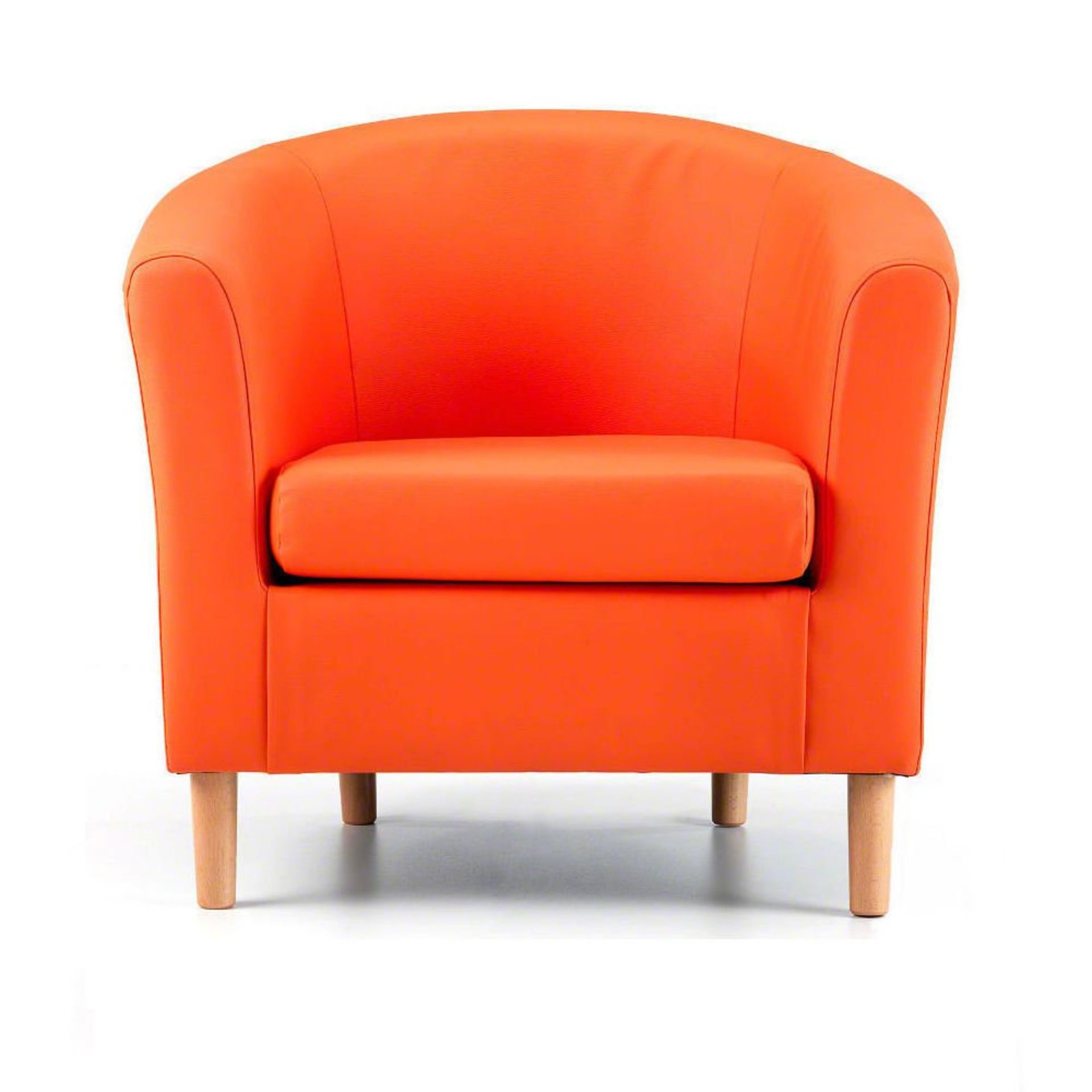 Orange faux leather tub chair with dark wooden legs