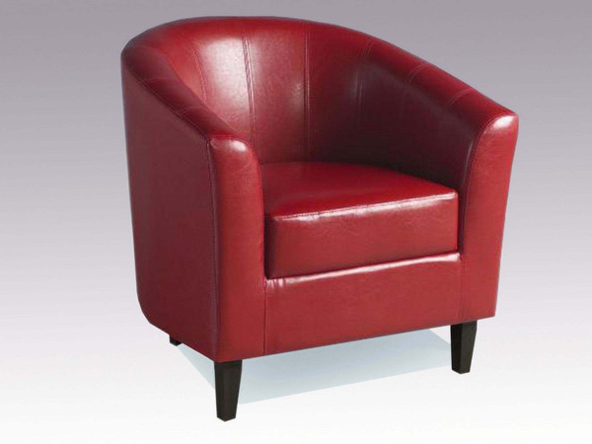 Red faux leather tub chair with dark brown wooden legs