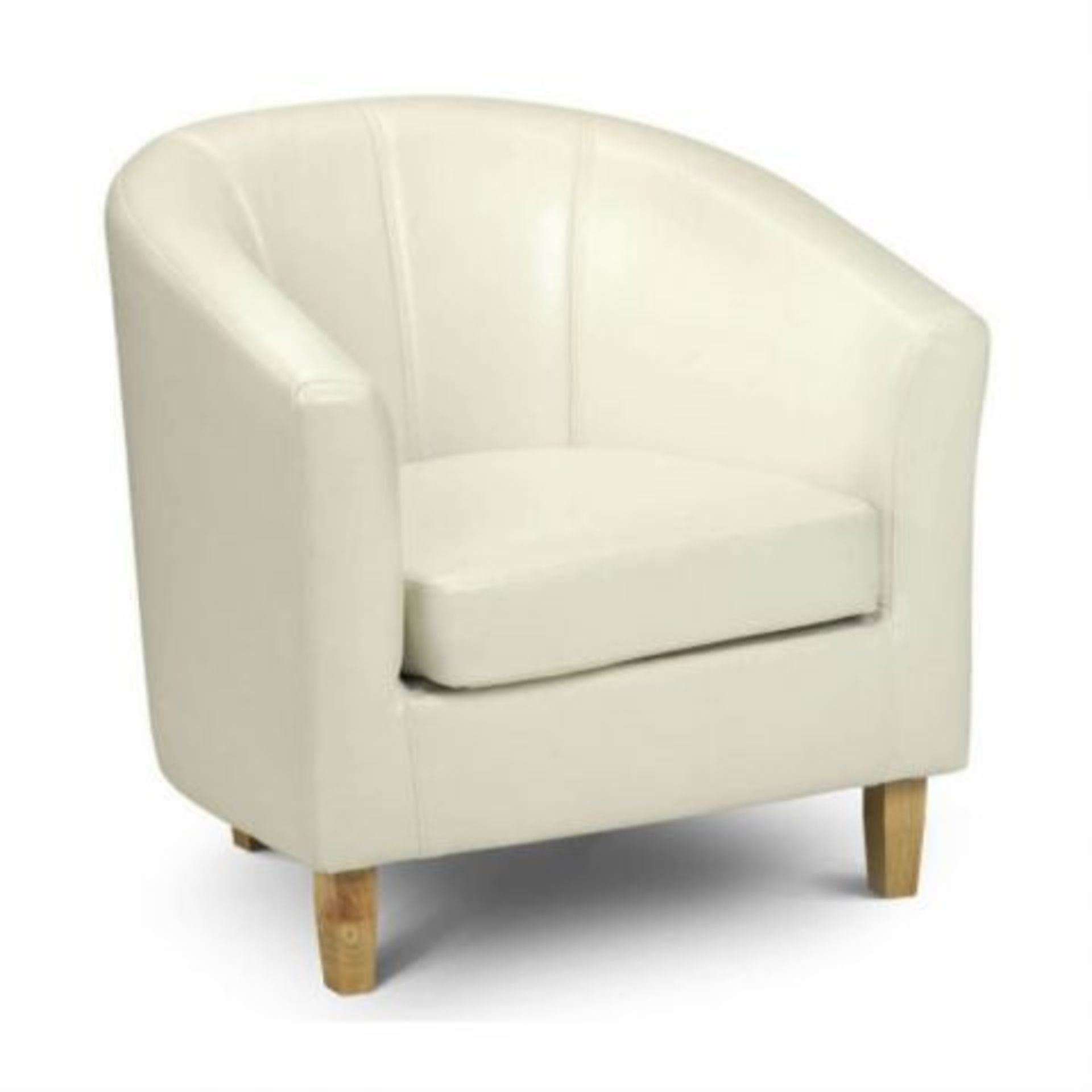 Cream faux leather tub chair with dark brown wooden legs