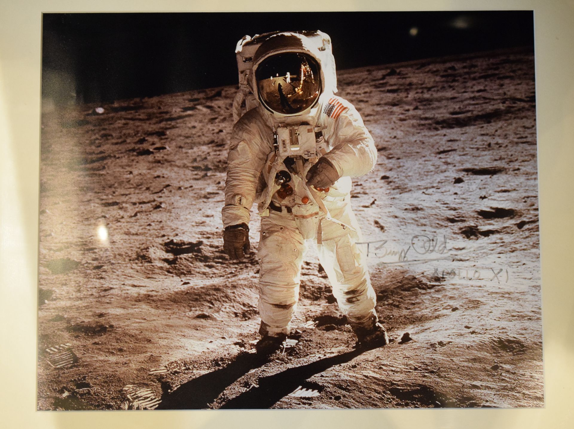 Buzz Aldrin signed colour photograph 19x15 inches of the iconic 'Visor Image'