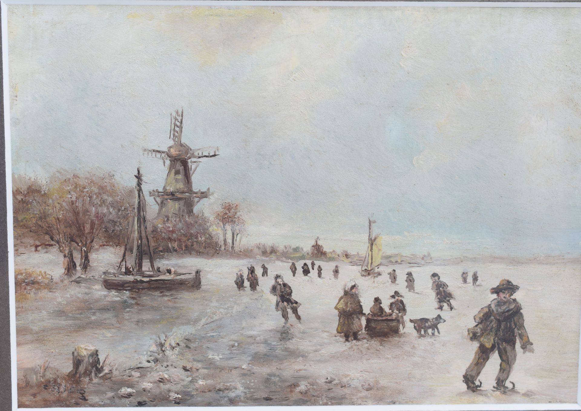 Vintage Dutch Oil Painting Of Skaters On Frozen Lake - Image 2 of 6