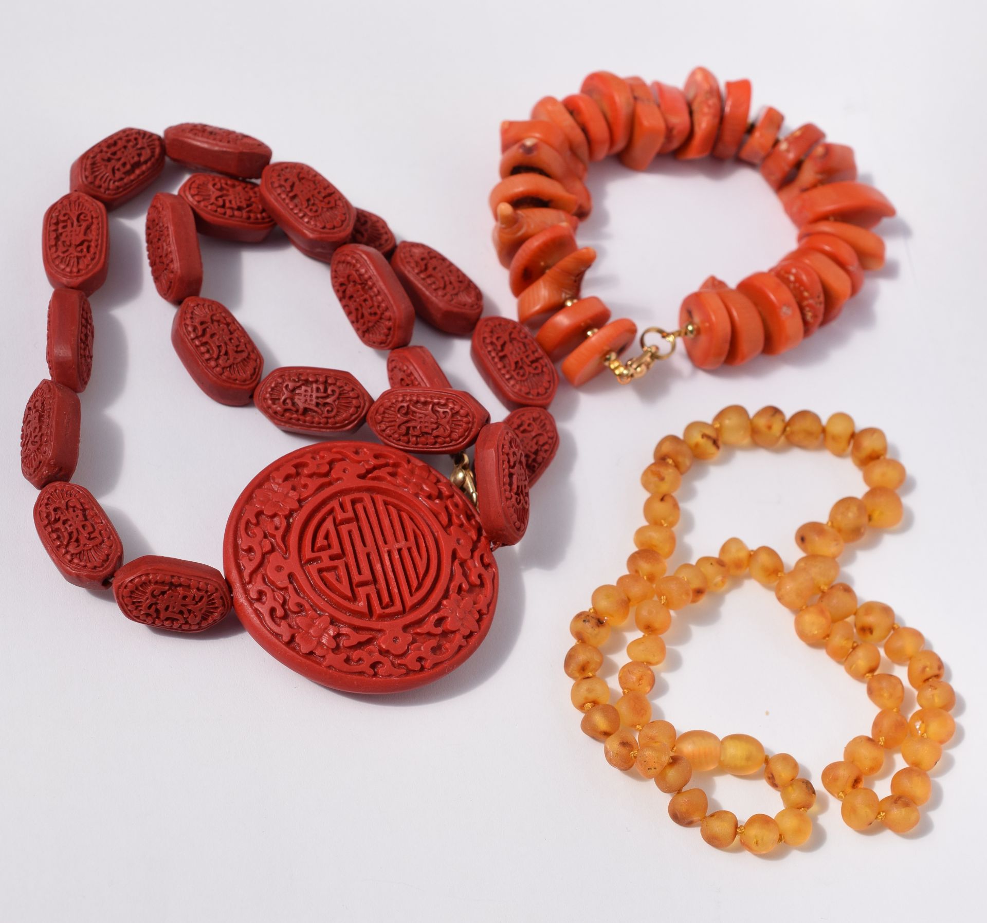 Set Of Three Oriental Necklaces In Amber, Coral and Cinnabar